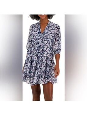 Taylor Navy, White & Pink Floral Tiered Mini Dress